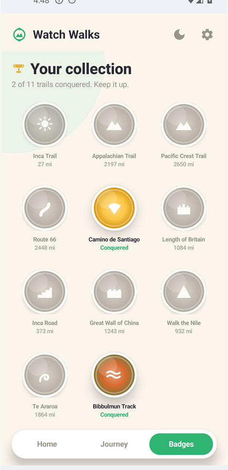 Badges screen with the trail badge collection