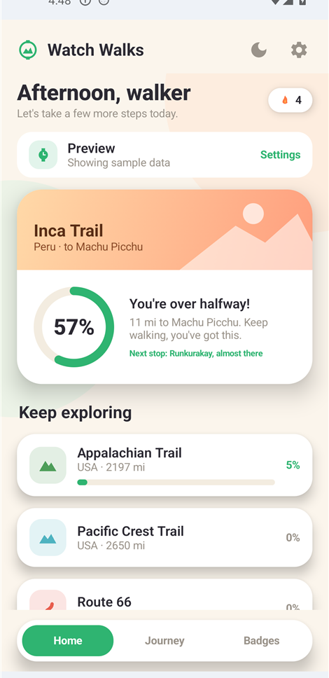 Home screen with the current trail, progress ring and sync