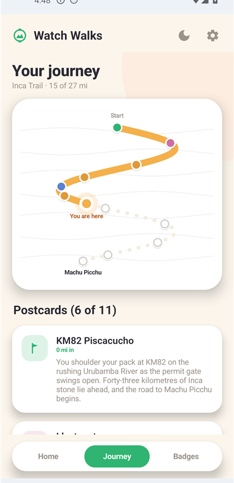 Journey screen with the live route map and collected story postcards