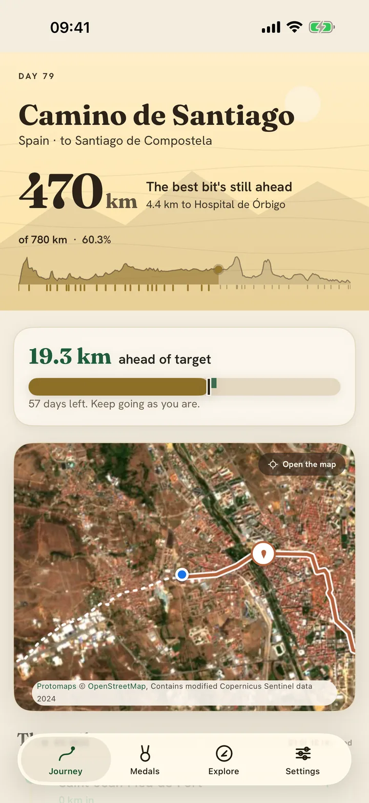 The Watch Walks app on the Camino de Santiago: 470 km of 780 walked, day 79, with the elevation profile of the road ahead and the route drawn across a satellite map